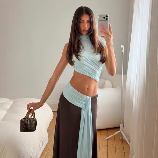 Contrast Trim Crop Top & Low Waist Skirt Set