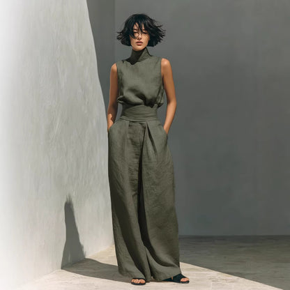 Sleeveless Cotton Linen Wide Leg Set