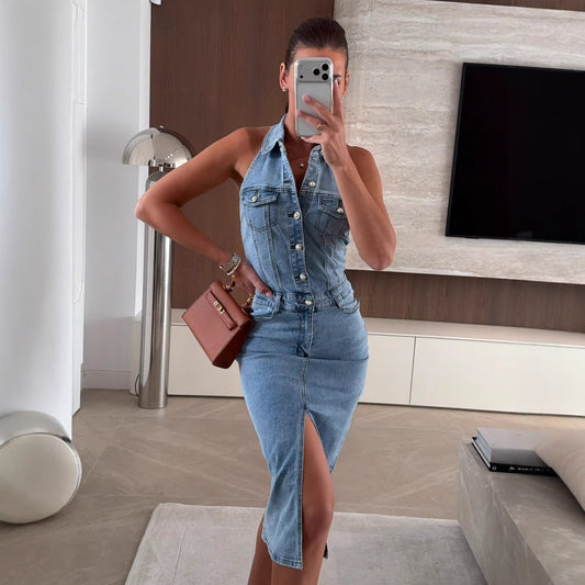 Sleeveless A Line Denim Shirt Dress